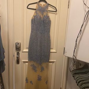 MacDuggal Couture Dress, Blue and Nude mesh. Size 6
